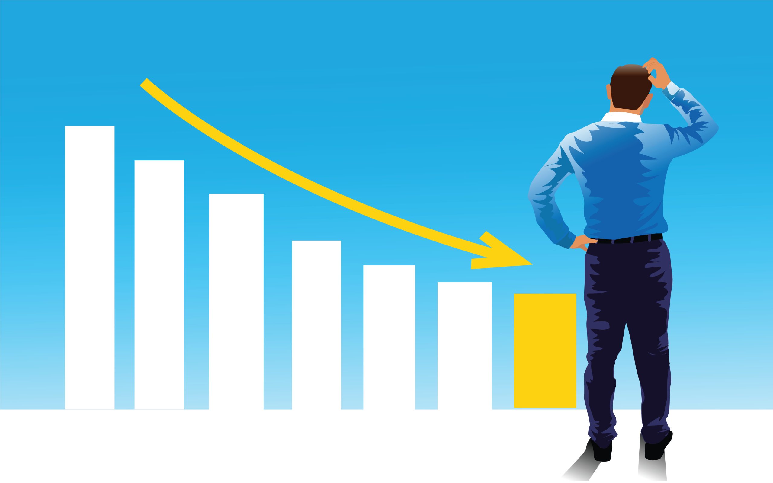 businessman looking at a declining info graph.,illustration 管理職がパワハラを恐れて指導や注意を躊躇することは、結果的に組織の生産性低下を招いてしまうことも少なくありません。
